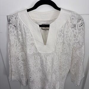 Tuckernuck White Lace Florian Blouse-Large-Flared 3/4 sleeves